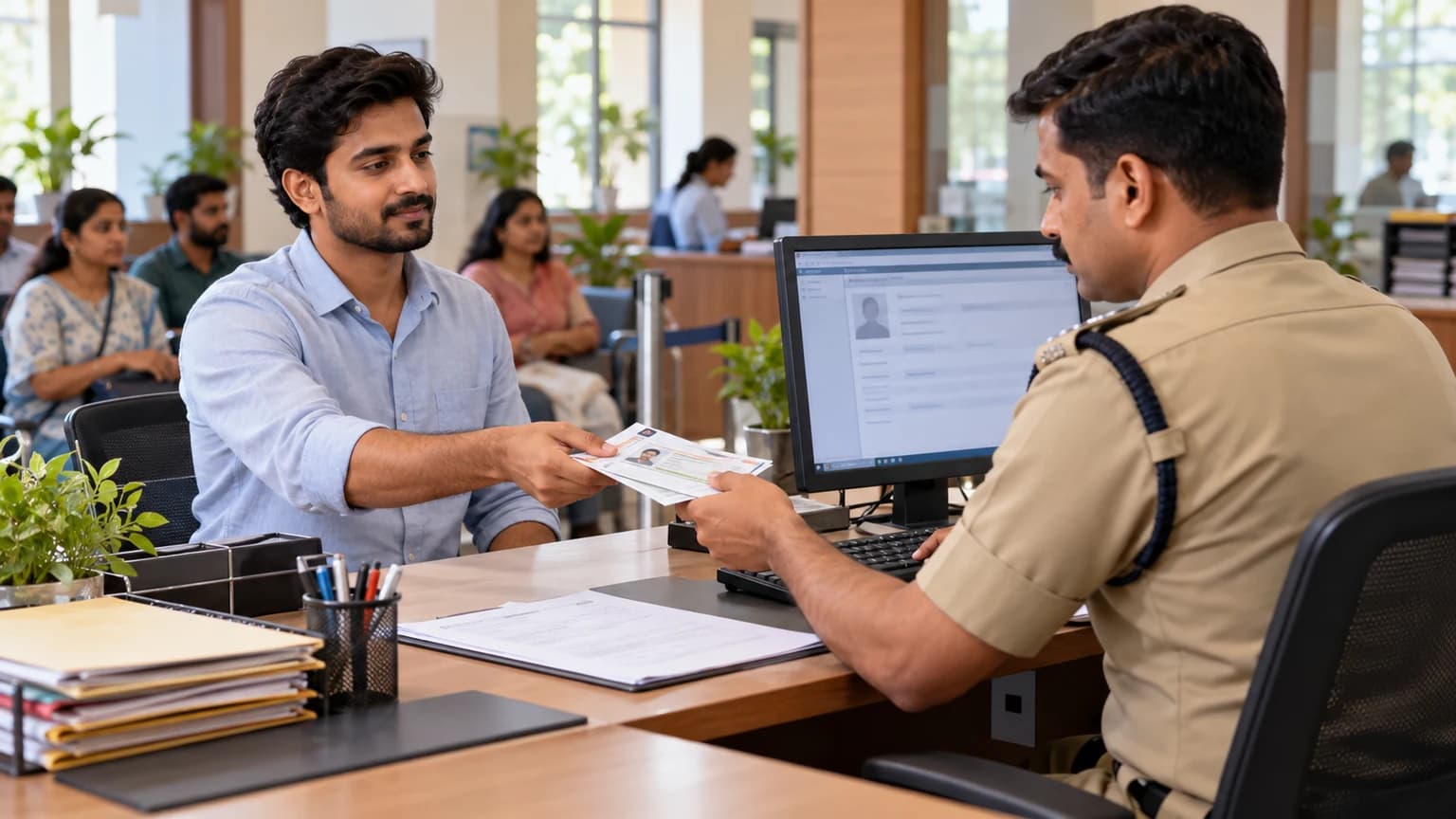 नागरिक सेवा काउंटर पर पहचान दस्तावेजों की जांच करता पुलिस अधिकारी