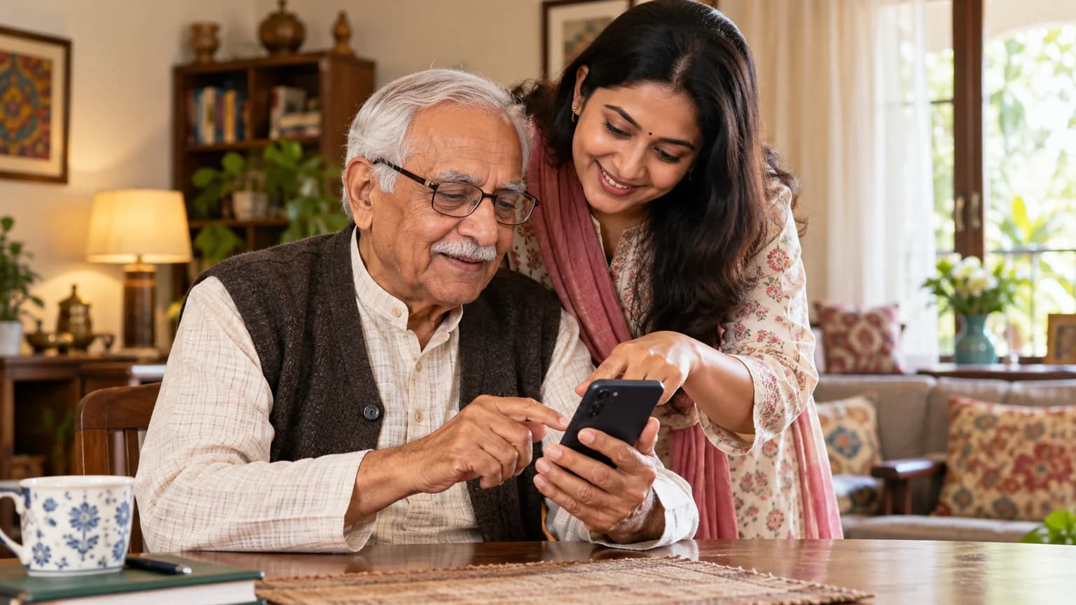 मोबाइल पर जानकारी देखते बुजुर्ग और परिवार की सदस्य