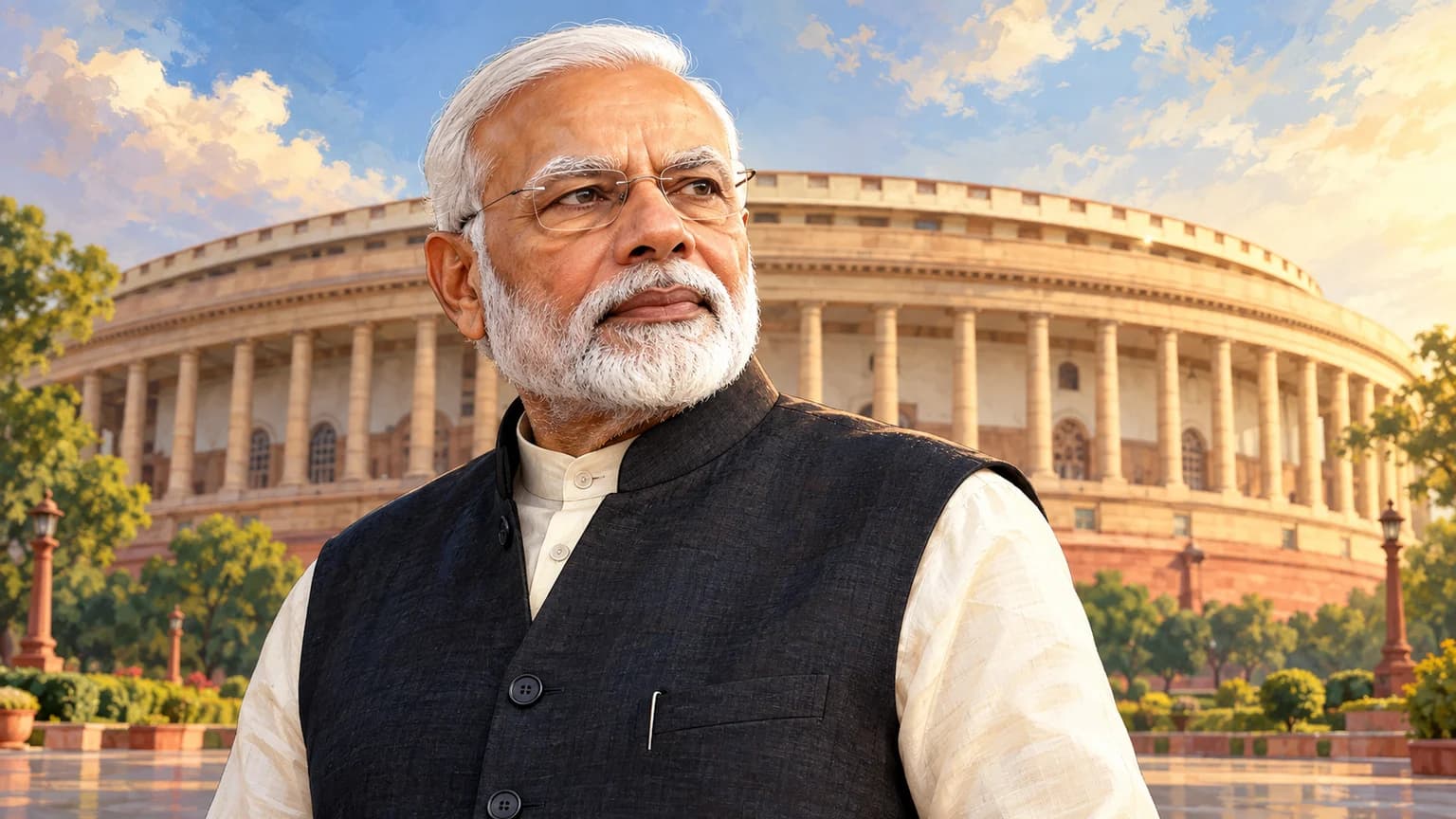 संसद की दूरस्थ आकृति के सामने नरेंद्र मोदी का शांत चित्र