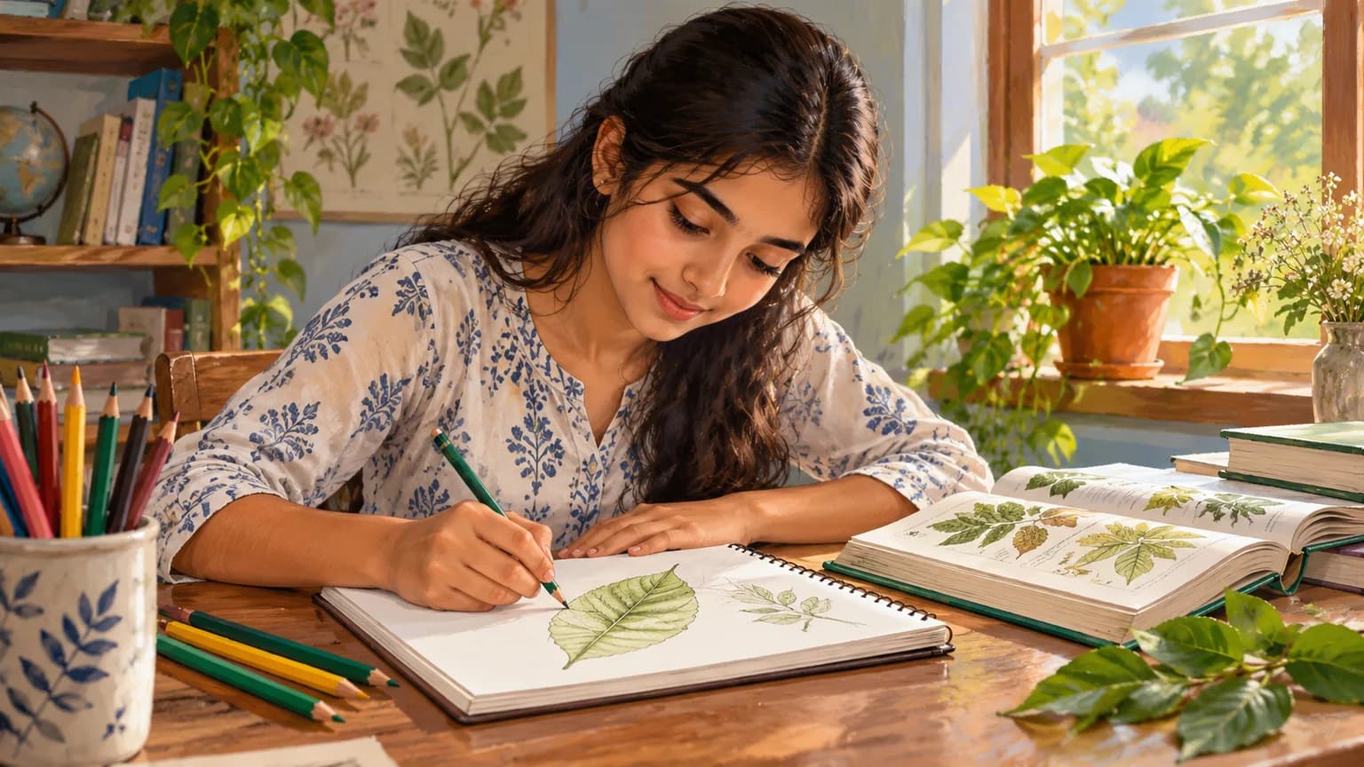मेज पर जीवविज्ञान की किताब और पत्ते के चित्र के साथ पढ़ती छात्रा का संपादकीय चित्र