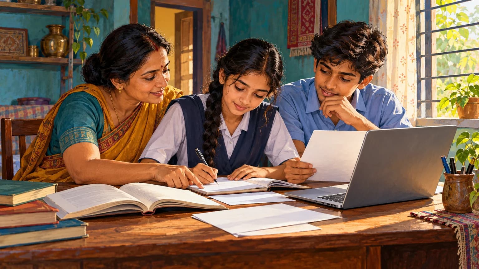 घर में विद्यार्थी और अभिभावक पुस्तकों तथा आवेदन के साथ पढ़ाई की तैयारी करते हुए