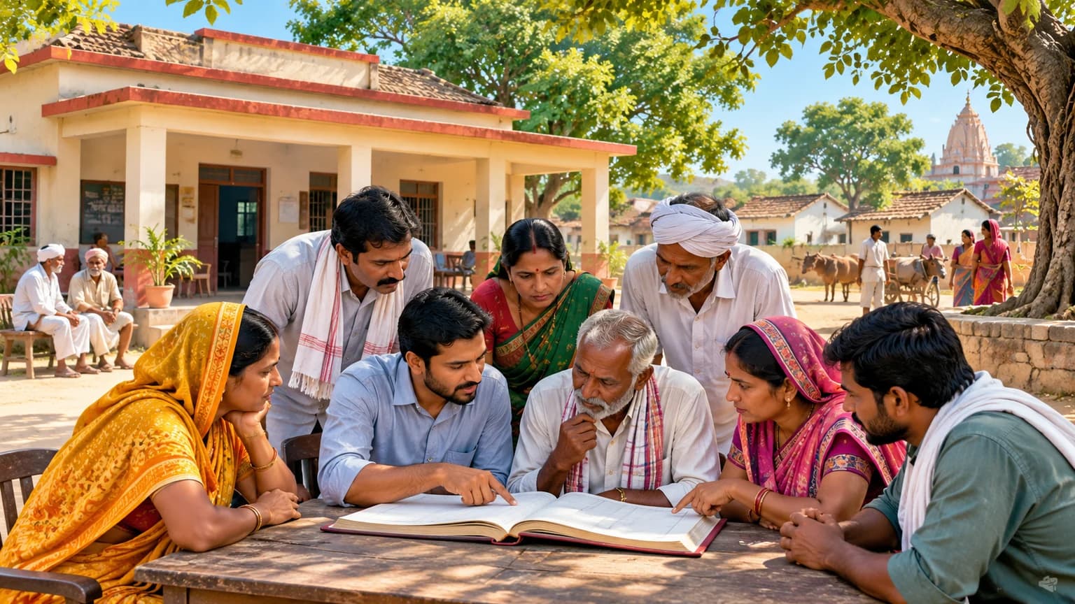 गाँव में दस्तावेज पर चर्चा करते लोग