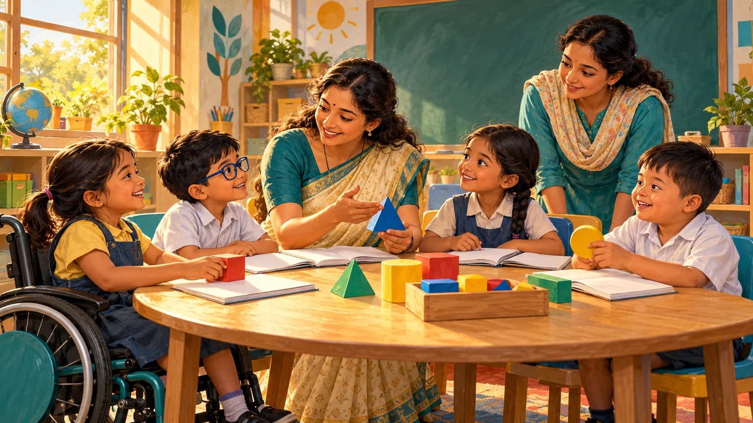 सहायक शिक्षक के साथ साझा गतिविधि में भाग लेते बच्चे और सुलभ कक्षा