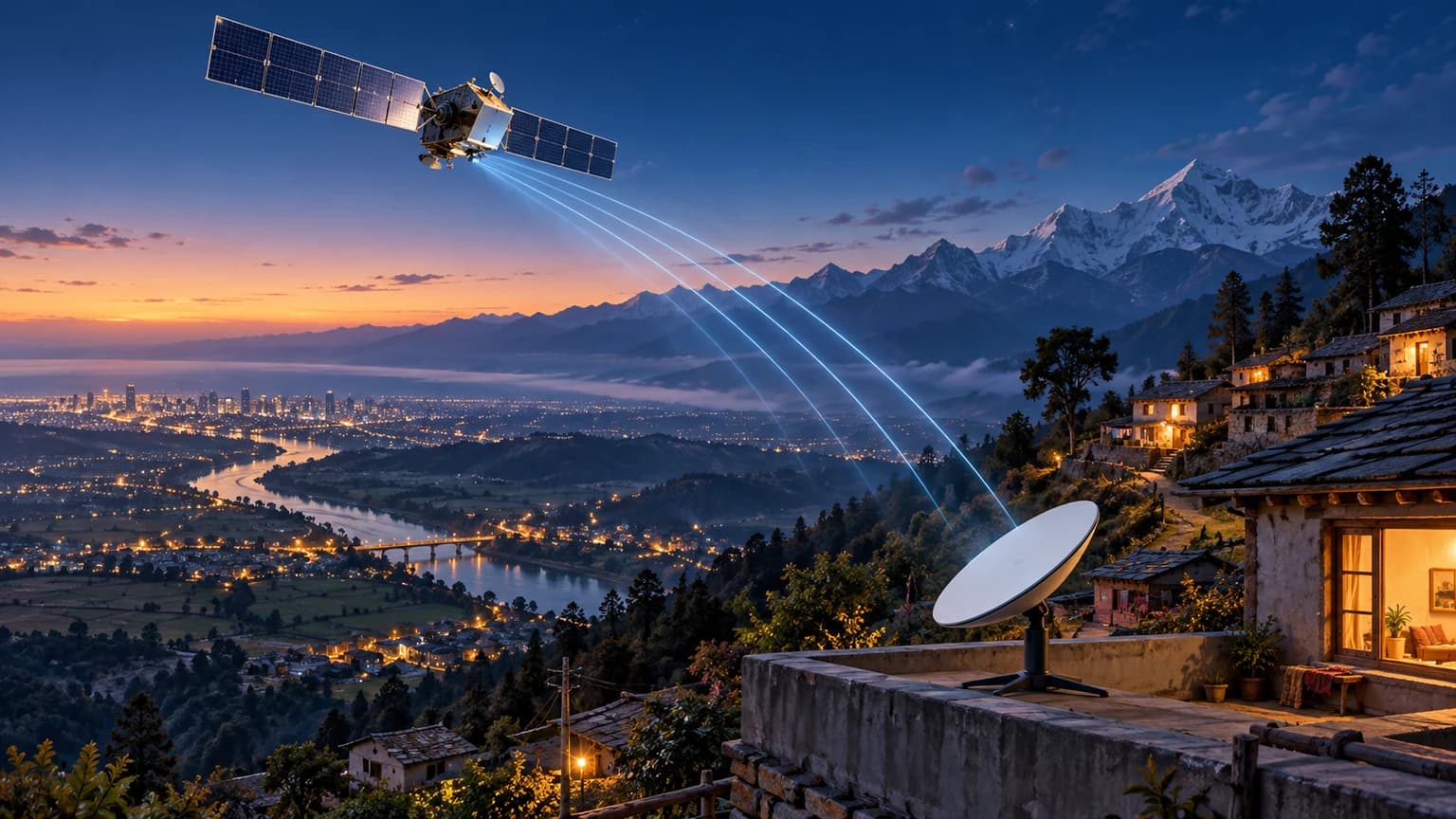 भारत के एक दूरस्थ गांव के ऊपर satellite और छत पर internet dish का संपादकीय चित्र
