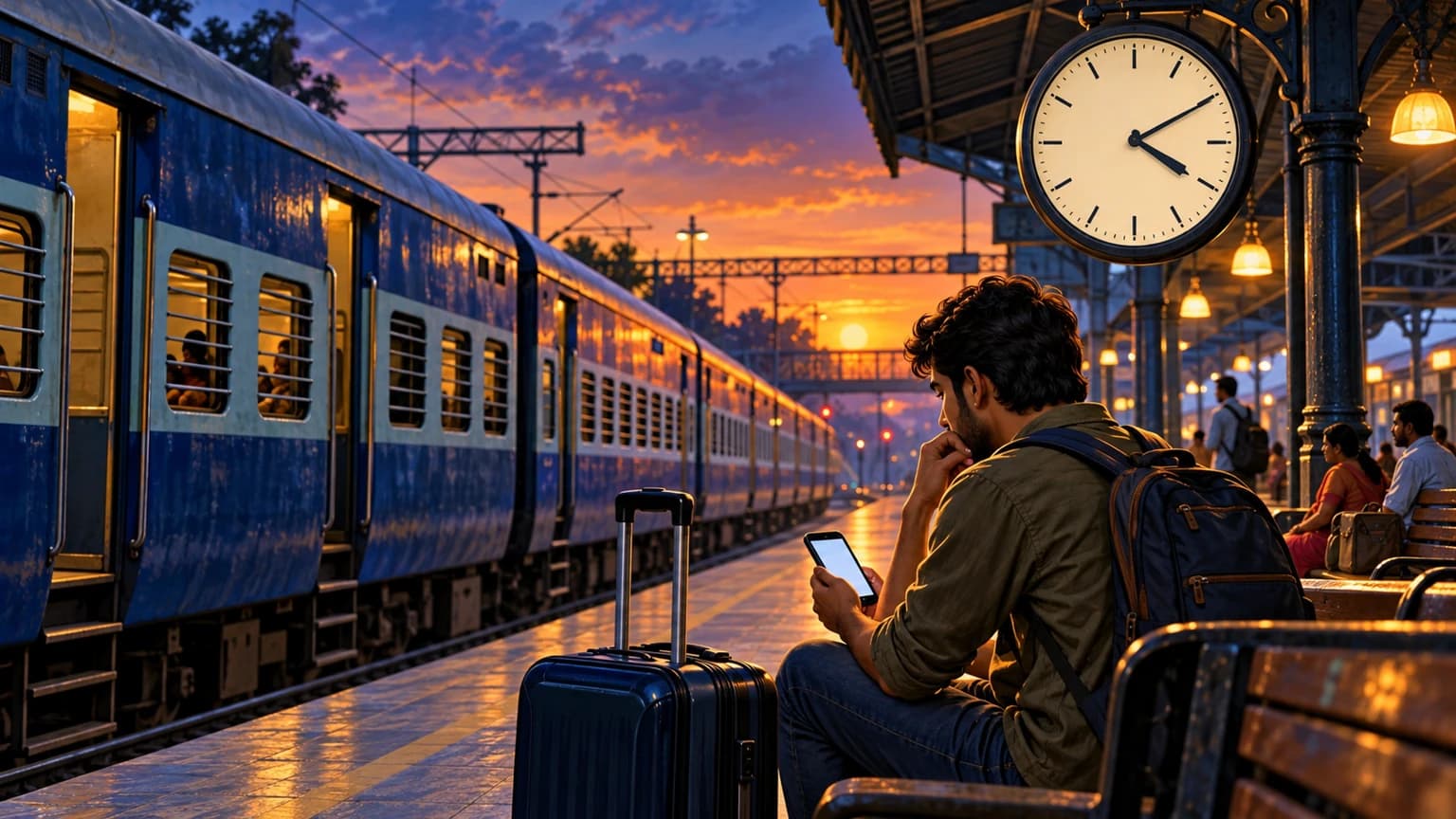 रेलवे स्टेशन पर यात्री ट्रेन का संपादकीय चित्रण