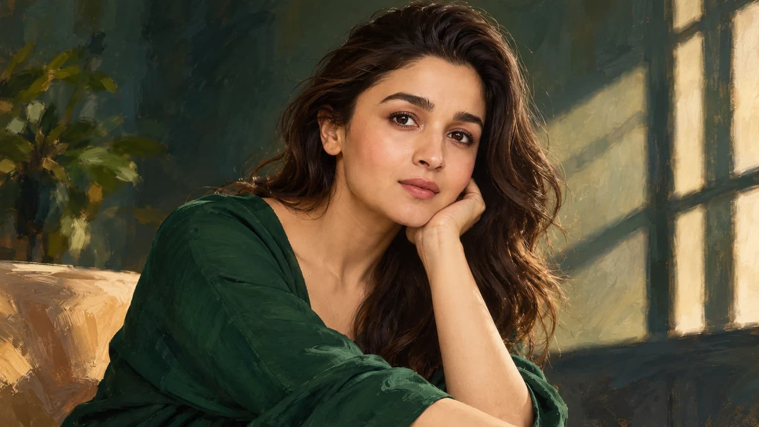 हरे परिधान में आलिया भट्ट का चित्र, खिड़की की अमूर्त आकृति और सिनेमाई छाया के साथ