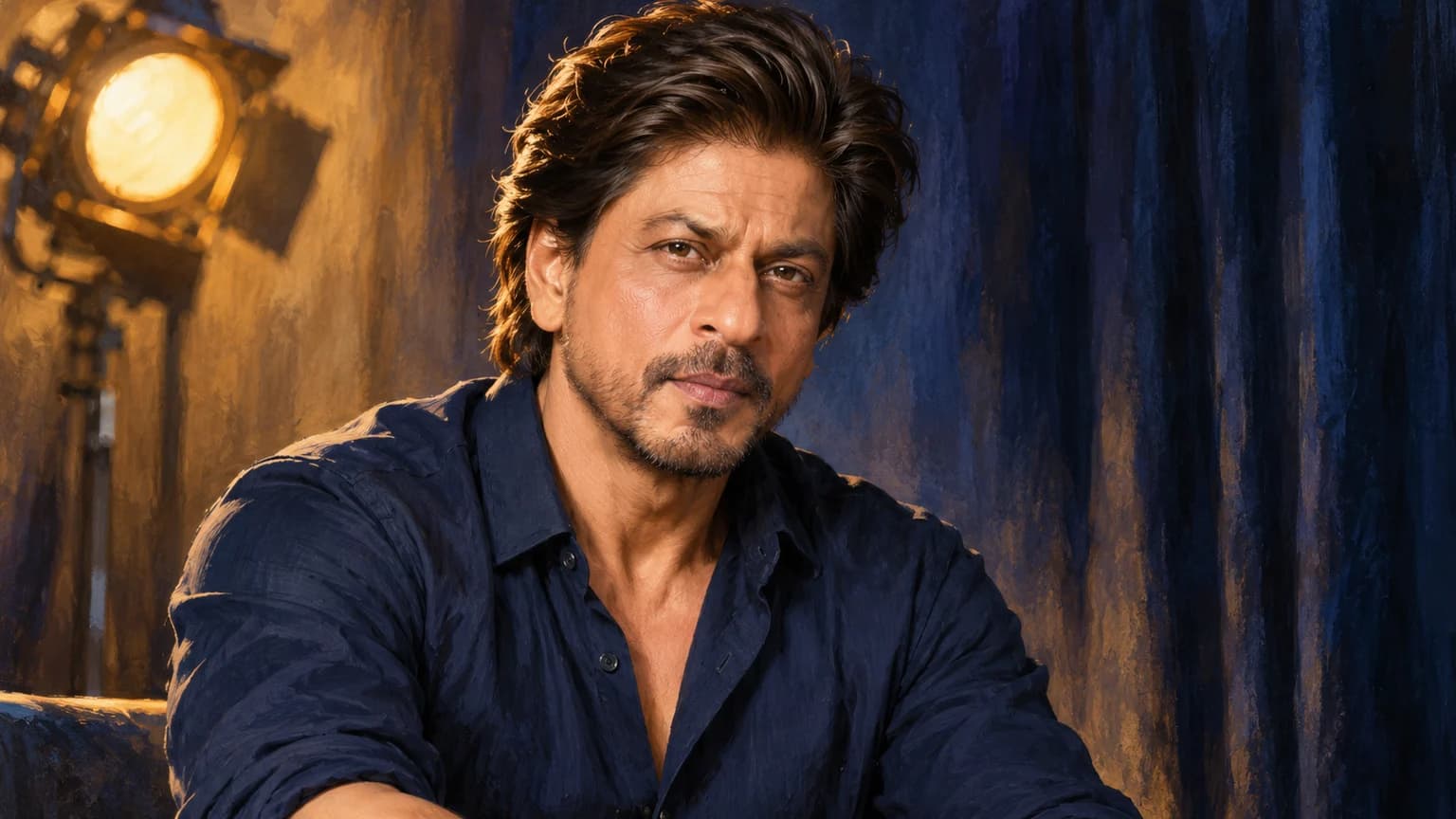 नीले परिधान में शाहरुख खान का चित्र, गहरे सिनेमाई रंगों के साथ