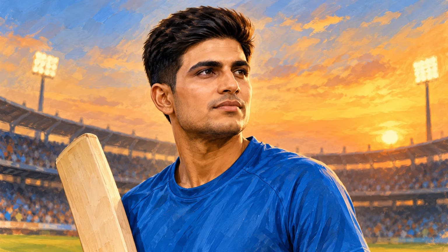 सादे नीले खेल परिधान में शुभमन गिल का चित्र, खाली मैदान की गर्म रोशनी के साथ