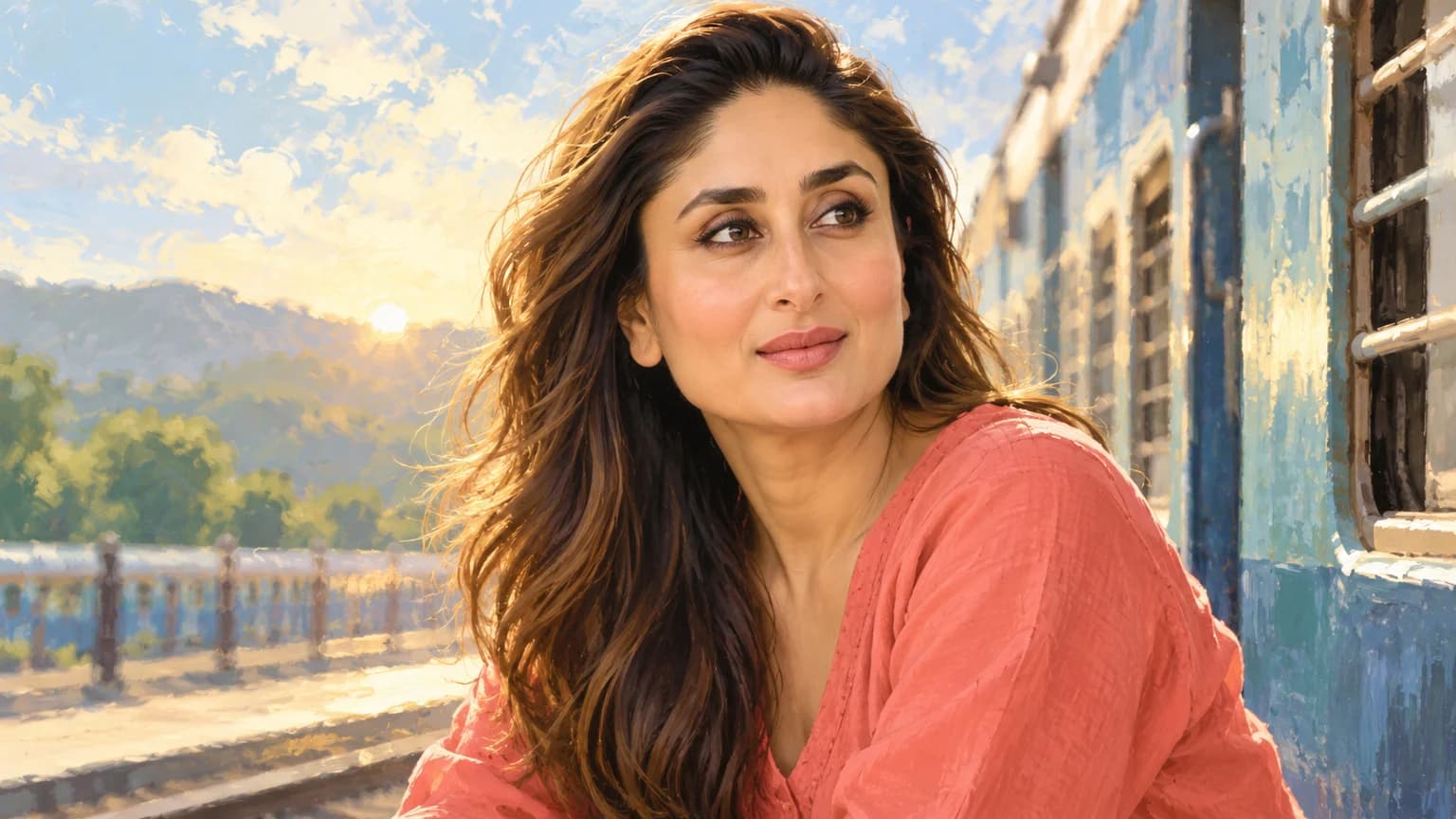 सादे गुलाबी परिधान में करीना कपूर का चित्र, धूप और रेल की दूरस्थ आकृतियों के साथ