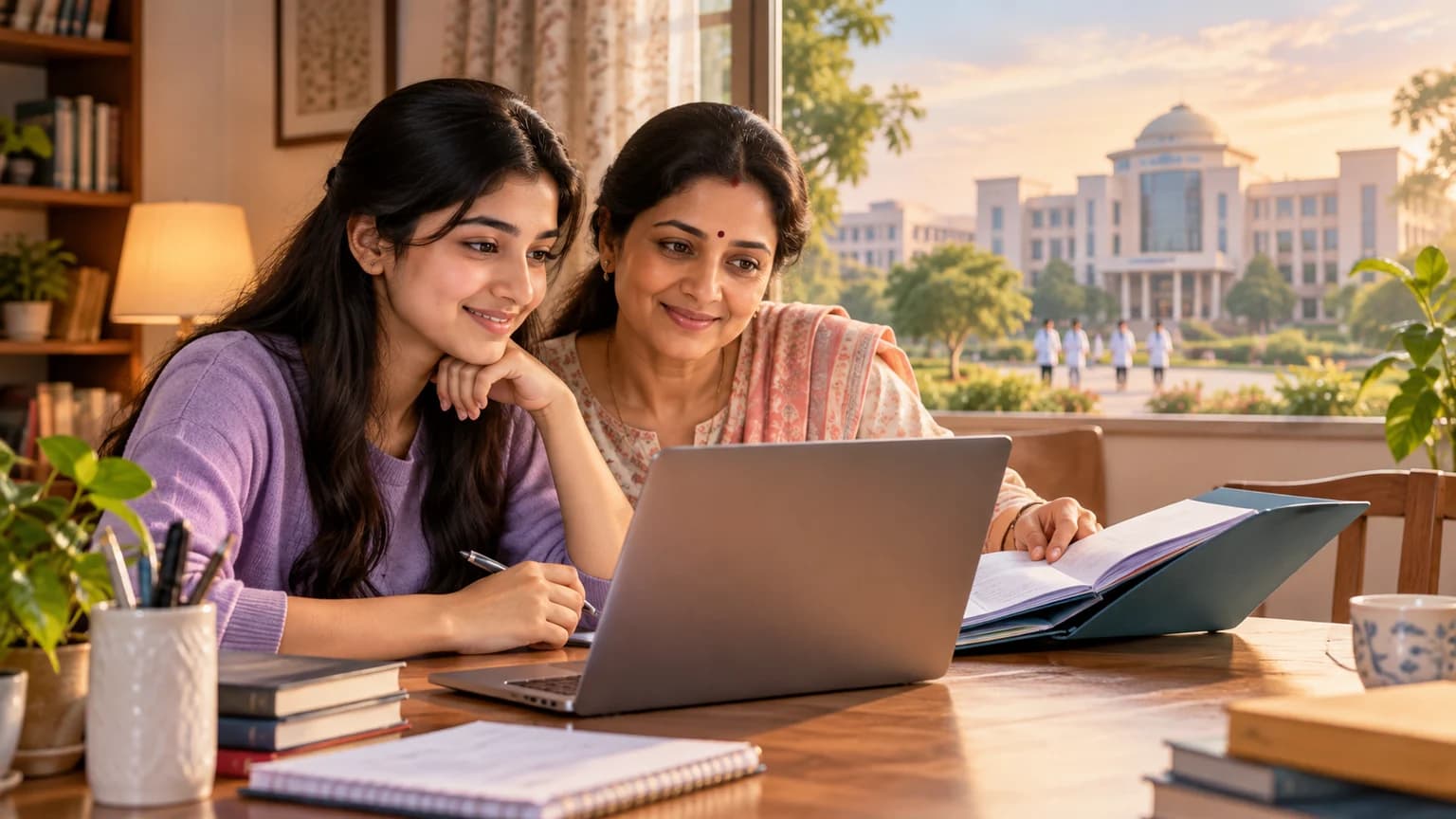 घर पर लैपटॉप और दस्तावेज देखकर प्रवेश विकल्प समझते विद्यार्थी और अभिभावक