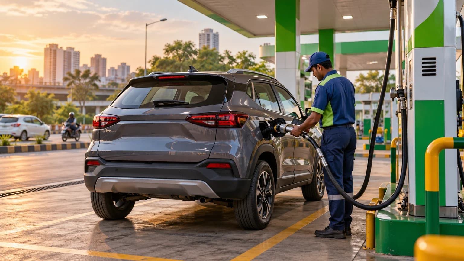 ईंधन स्टेशन पर खड़ी बिना ब्रांड पहचान वाली कॉम्पैक्ट SUV का संपादकीय दृश्य