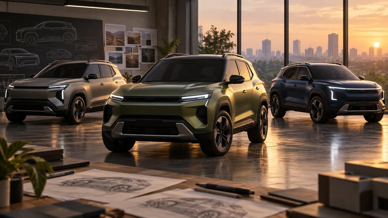 डिजाइन स्टूडियो में बिना ब्रांड पहचान वाली तीन कॉम्पैक्ट SUV की संपादकीय कल्पना