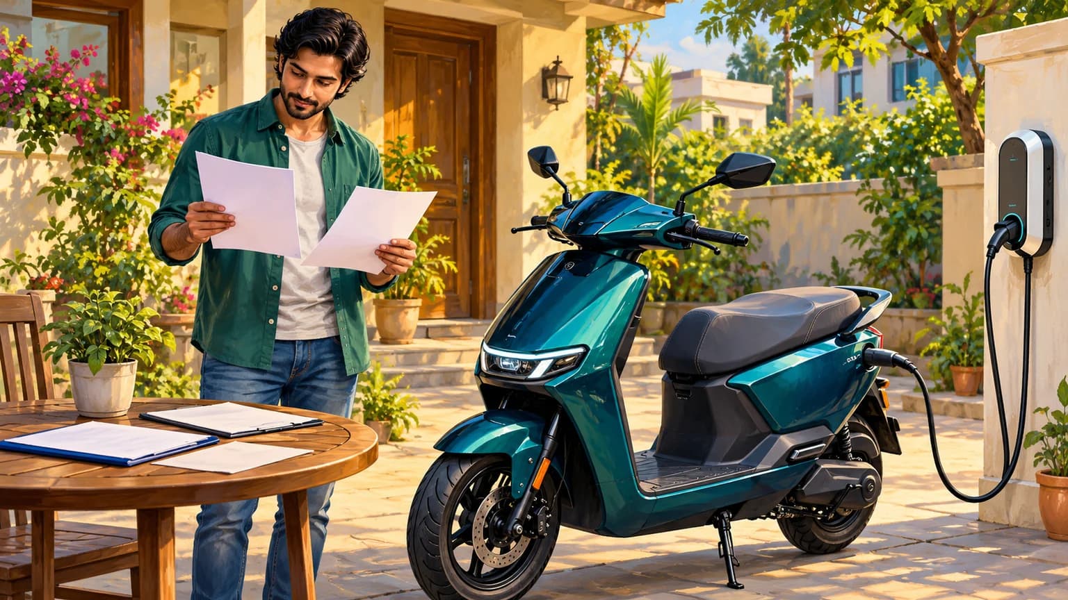 इलेक्ट्रिक स्कूटर के पास खरीदार दस्तावेज जांचता हुआ और आंगन में चार्जिंग की व्यवस्था