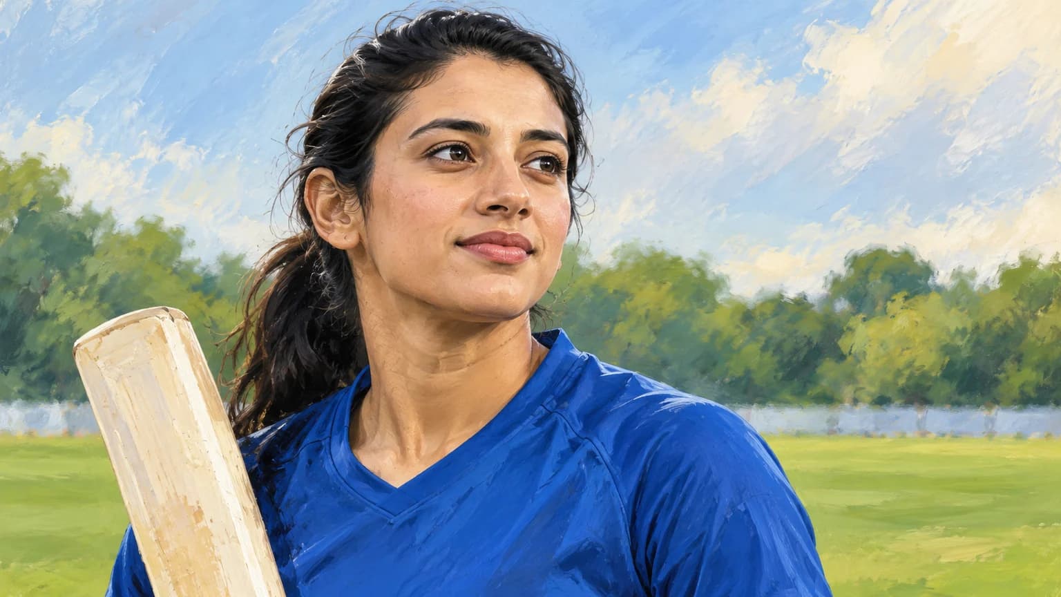 सादे नीले खेल परिधान में स्मृति मंधाना का चित्र, बल्ले और हरे मैदान की आकृति के साथ